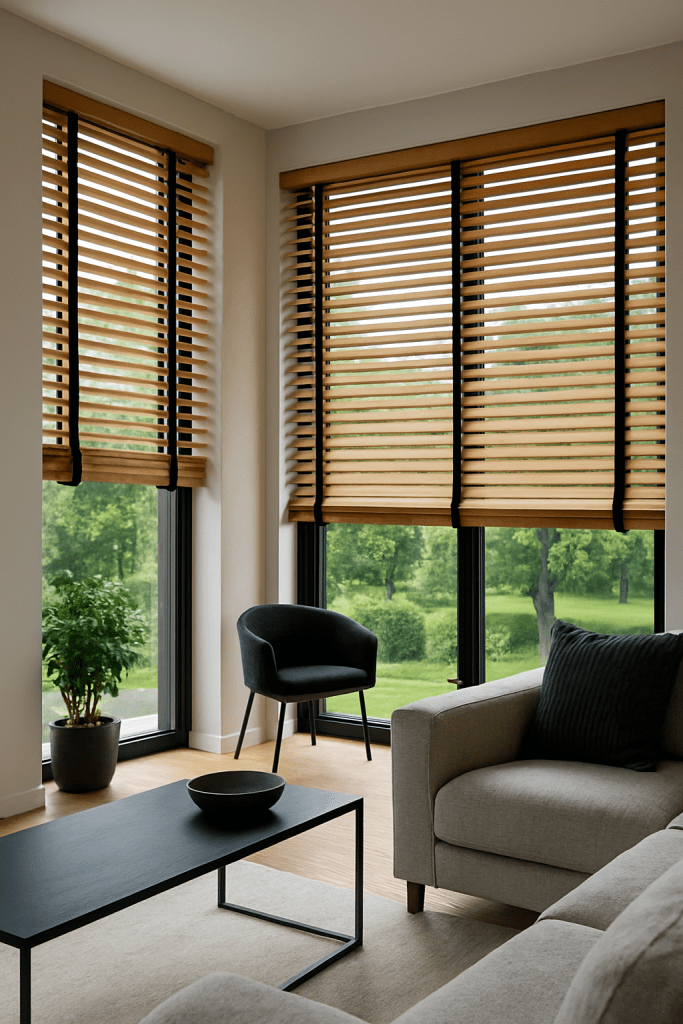 żaluzje drewniane w salonie